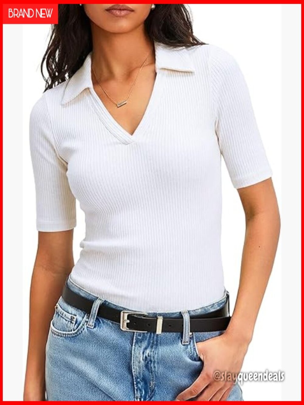 Ribbed V-Neck Polo Top Half Sleeve Business Casual Work Blouse